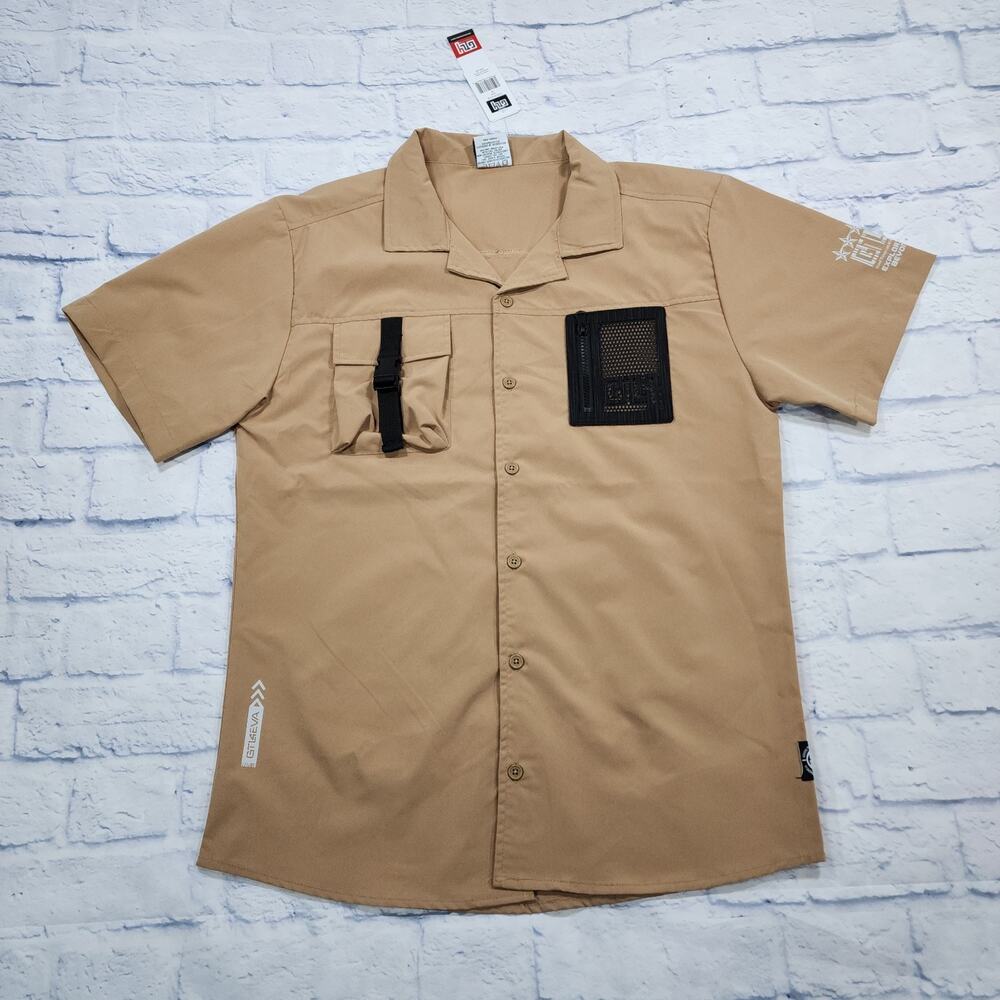 GTL4 MENS SIZE M Tan Button Front Short Sleeve Mesh Zip Pocket Military